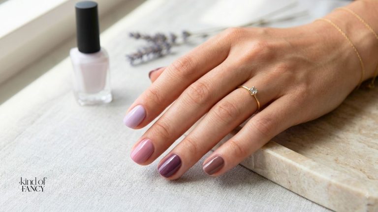 A woman's hand in natural light wearing a variety of mauve nail colors on each finger.