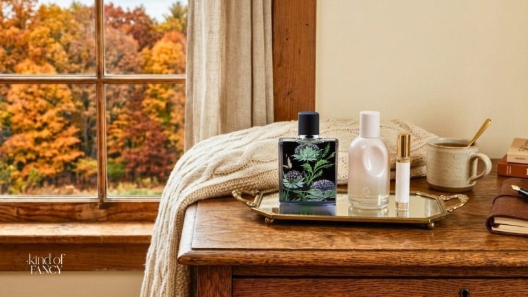 cozy fall perfumes on a antique tray sitting on a wooden dresser next to a window that overlooks an autumn-colored tree line.