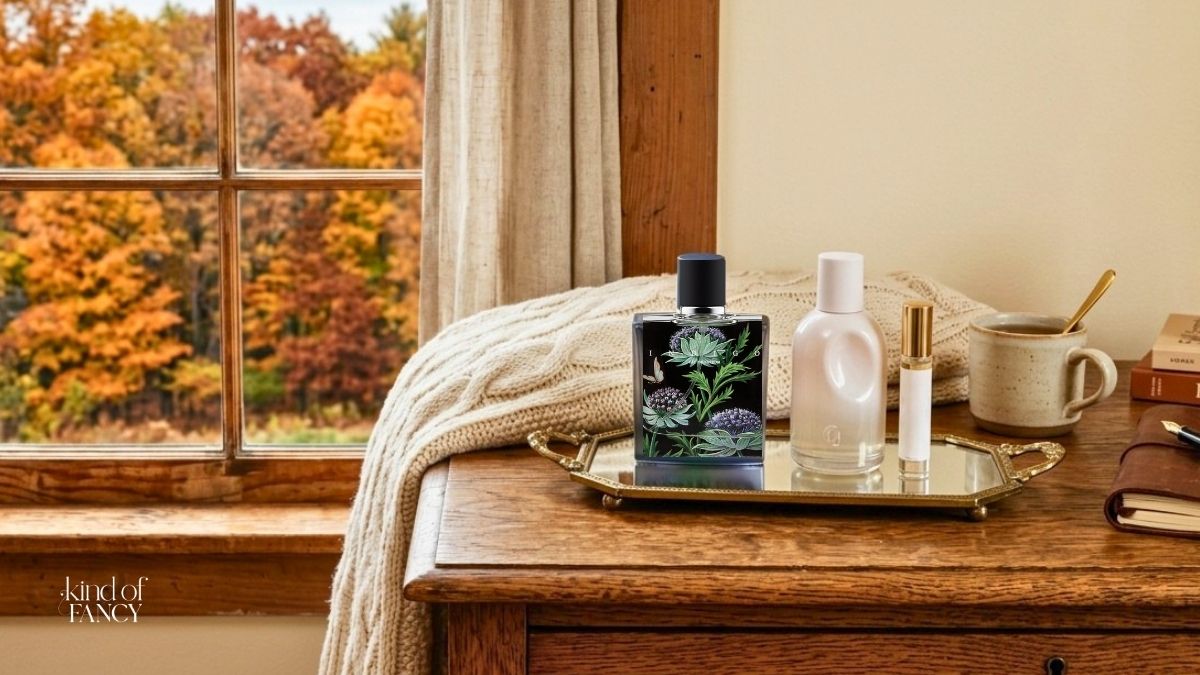 cozy fall perfumes on a antique tray sitting on a wooden dresser next to a window that overlooks an autumn-colored tree line.