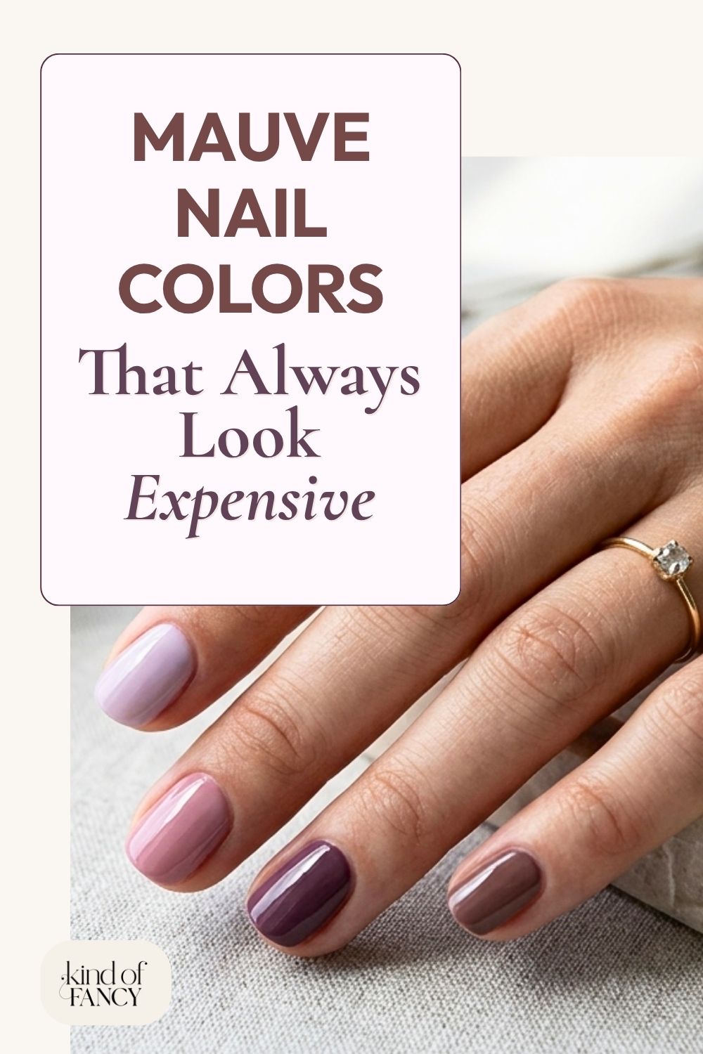 Mauve nail colors in mily, rosy, plum, and brown tones on a woman's hand in natural lighting.