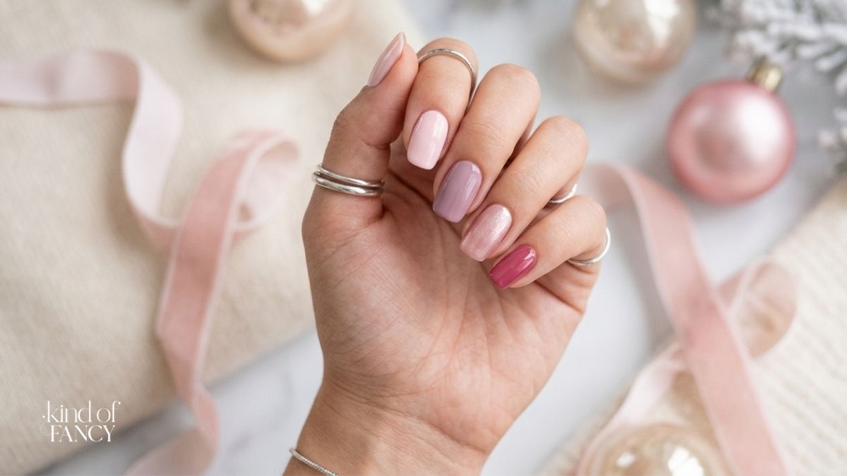 Pink Christmas nail polish shades ranging from pale baby pink to bold magenta and pearl